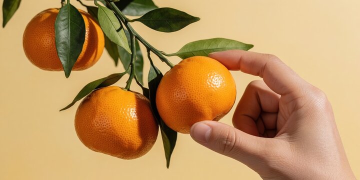 Person hand picking fresh ripe tangerine from branch with green leaves against yellow background representing organic harvest and citrus fruit