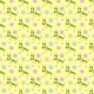 Cute Green Praying Mantis with Pastel Daisy Flowers Seamless Pattern Hand Drawn Watercolor Illustration