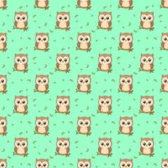 Obraz premium Cute Brown Owl with Scattered Green Leaves Seamless Pattern Hand Drawn Watercolor Illustration