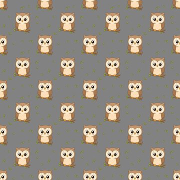 Cute Brown Owl with Scattered Green Leaves Seamless Pattern Hand Drawn Watercolor Illustration