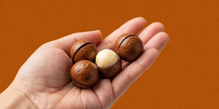 Macadamia nuts in hand showing cracked shell and white kernel for healthy snack concept
