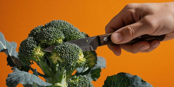 Person cutting fresh green broccoli head with a wooden knife on bright orange background