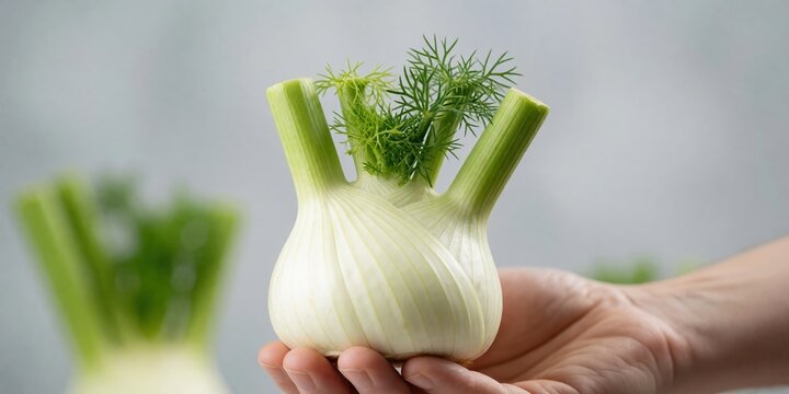 Fresh fennel bulb held in a hand close up, organic vegetable concept for healthy cooking and culinary recipes