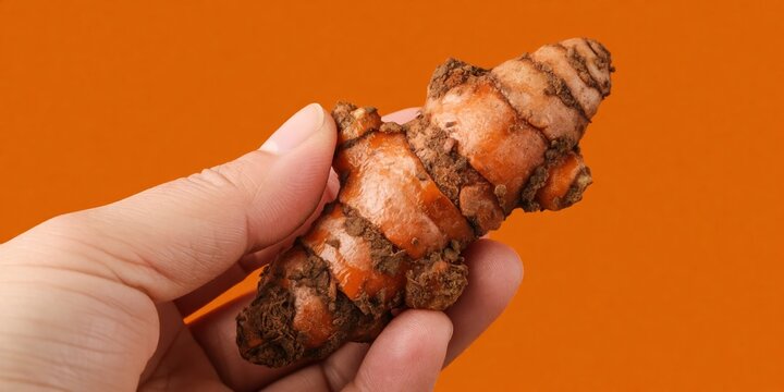 Fresh raw turmeric root held in hand against orange background representing healthy natural spice cooking and herbal medicine concepts