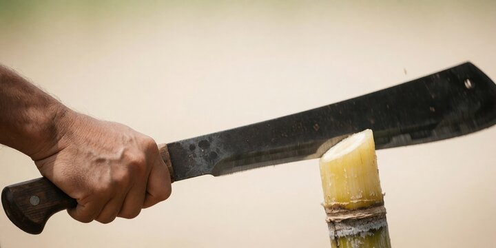 Close up of a man cutting a sugarcane stalk with a machete representing harvesting and agriculture
