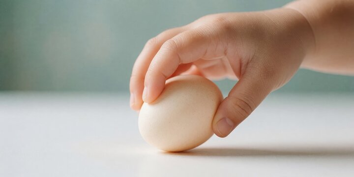Close up of a toddlers hand gently touching a single raw chicken egg on a white surface representing fragile care and early learning