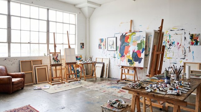 An inspiring contemporary artist's studio filled with creative energy, featuring multiple wooden easels, blank and partially finished canvases, framed artworks leaning against the walls, paint tubes 
