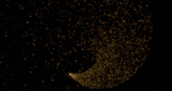 Glittering gold particle trails flying in black background. Sparkling light streaks glow dust effect. 3D rendering.