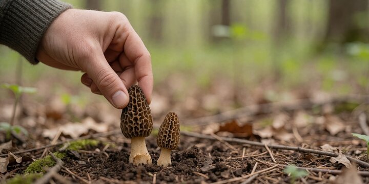 Hand picking wild morel mushrooms in the spring forest, foraging for edible fungi in nature