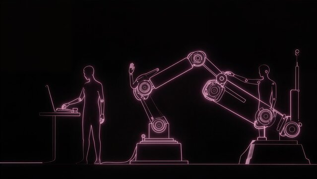 Robot arms collaborate with humans in a futuristic, glowing pink line art.