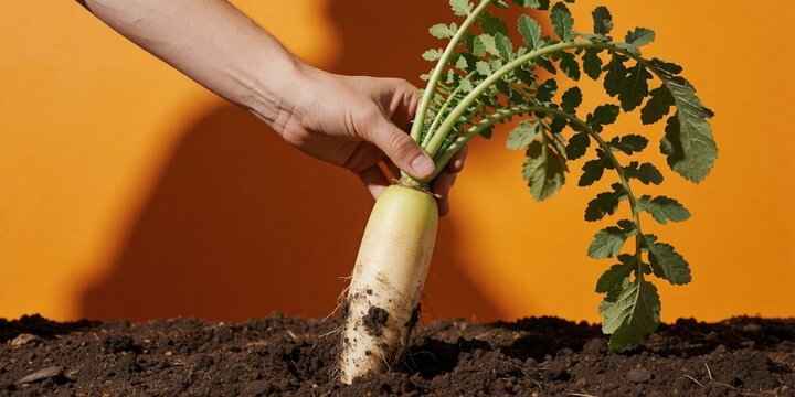 Person pulling a fresh white daikon radish out of dark soil against a vibrant yellow background, representing harvest and organic farming