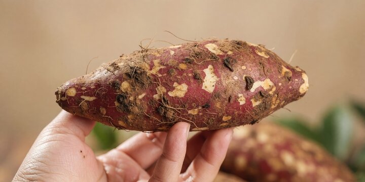 Fresh raw sweet potato held in hand showcasing healthy organic root vegetable farming and agricultural harvest concepts