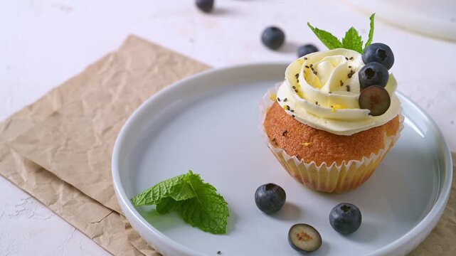 A freshly baked vanilla cupcake with rich white cream frosting is decorated with fresh blueberries, chia seeds, and mint leaves under bright natural light