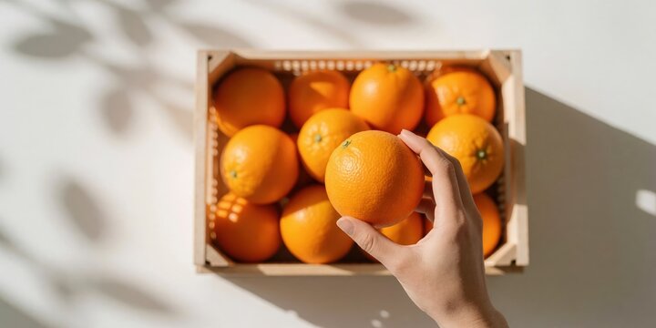 Fresh ripe oranges in wooden crate with hand picking one fruit representing healthy eating and organic lifestyle