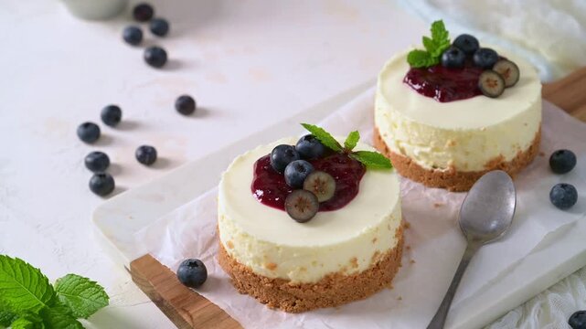 Two mini cheesecakes topped with vibrant berry compote and fresh mint are illuminated by soft natural light on a rustic white background with scattered blueberries