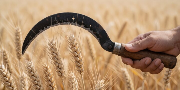 A farmer holding a sickle harvesting golden wheat ears in a cultivated field representing agriculture and food production
