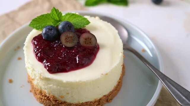 Mini cheesecake topped with berry compote and fresh mint, illuminated by soft natural light on a textured white background with scattered berries