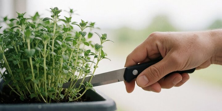 Hand harvesting fresh green thyme herbs with a small knife in a container garden for culinary use and healthy cooking at home