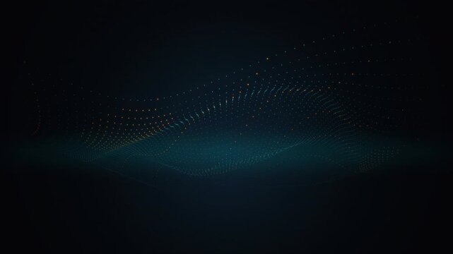 Abstract animation of glowing particles forming dynamic undulating waves on dark blue background, concept for data visualization, digital technology and futuristic design