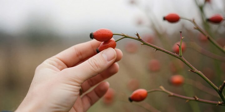 Person picking fresh red rosehips from a bush in autumn, harvesting medicinal herbs and organic botanical ingredients for natural tea and skincare