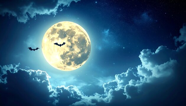 Celestial Halloween Night Sky Background with Full Moon Copy Space