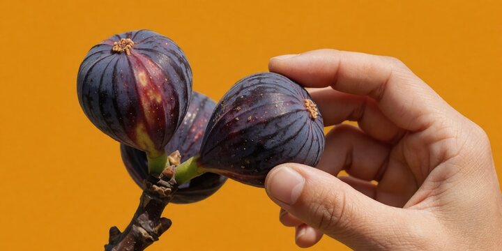 Fresh ripe purple figs on branch held by hand against yellow background for healthy food design