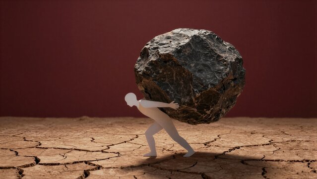 A figure struggles to carry a massive boulder across cracked, arid ground.