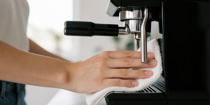 Young woman cleaning a modern espresso coffee machine with a white microfiber cloth in a bright kitchen for a fresh morning routine concept