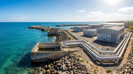 Naklejka premium Coastal industrial infrastructure with extensive pipelines and buildings by the ocean, vital for water management and resource processing