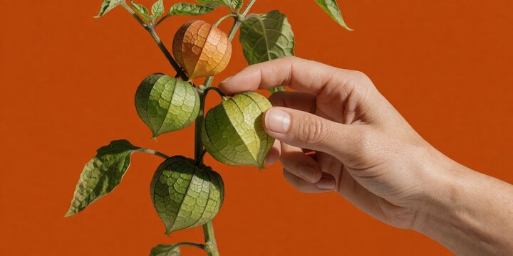 Human hand touching ripe physalis fruit on plant with green leaves against warm orange background in studio