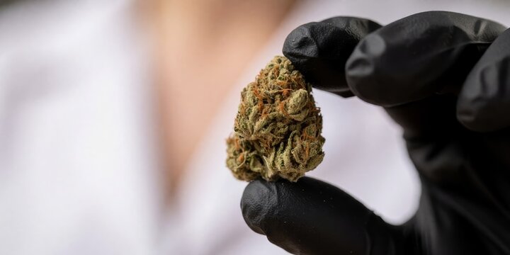 Scientist in black gloves holding high quality cannabis flower bud in laboratory for medical research and quality control inspection