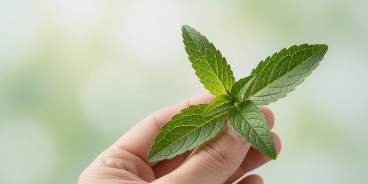 Fresh green stevia plant leaves held in hand, natural sweetener and healthy herbal alternative concept for organic diet and sugar substitute