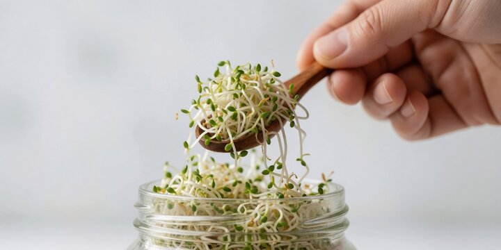 Fresh organic alfalfa sprouts scooped with a wooden spoon from a glass jar, representing healthy nutrition, plant-based diet and raw food lifestyle