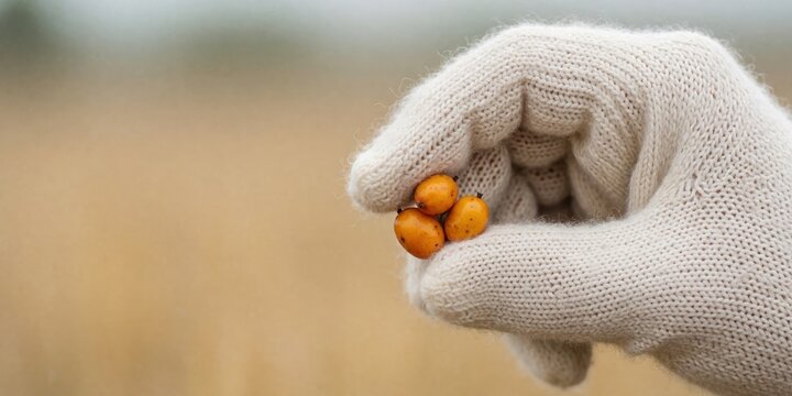 Gloved hand holding fresh orange sea buckthorn berries outdoors, agricultural harvesting and organic superfood concept