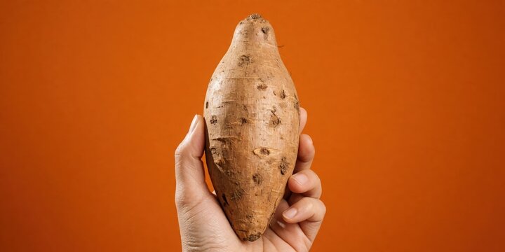 Raw sweet potato held in a hand against an orange background representing organic healthy food and nutrition for cooking and diet recipes