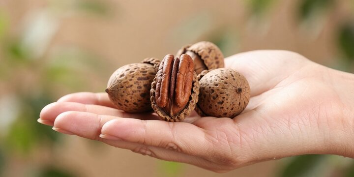 Person holding fresh bitter pecans in hand closeup shot representing autumn harvest and organic food concepts for healthy nutrition