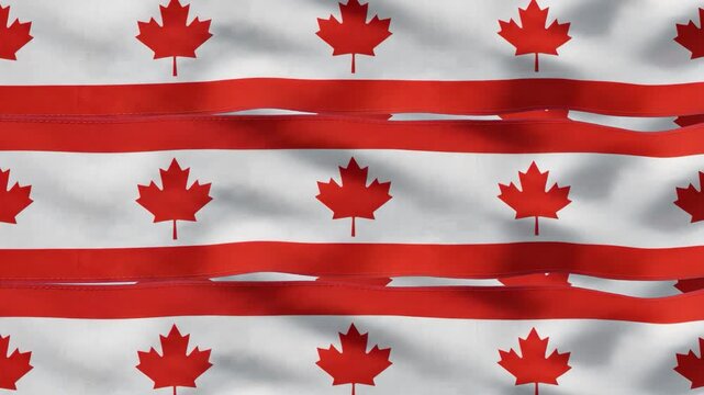 Animated pattern of horizontal Canadian flag ribbons with maple leaves waving in a smooth fabric motion. Great for national holiday videos, news backgrounds, and patriotic presentations.