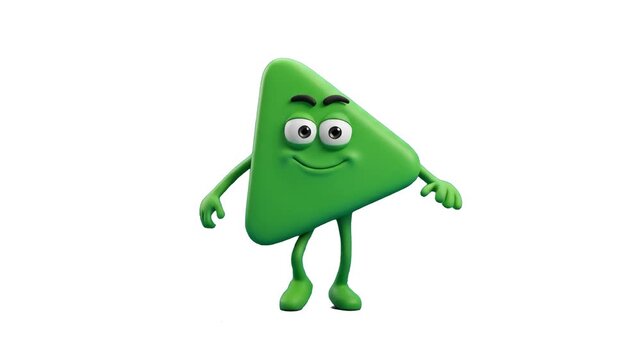 A friendly 3D green triangle play icon character with arms and legs standing on a clean white background. Suitable for multimedia presentation slides, app design concepts, web interface icons, and edu