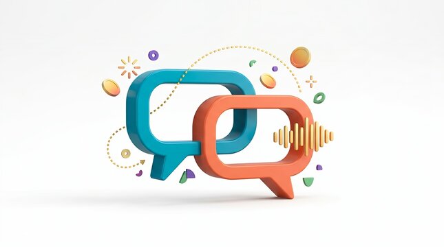 3D speech bubbles for communication. Digital chat icons representing social media dialogue.