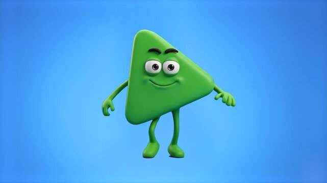A cheerful 3D green play button triangle character standing isolated on a solid blue chroma key background. Perfect for video player overlays, media app UI elements, streaming channel intros, and inte