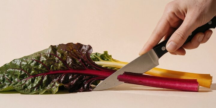 Chef cutting fresh colorful swiss chard stems with kitchen knife on table preparing healthy food and meal ingredients