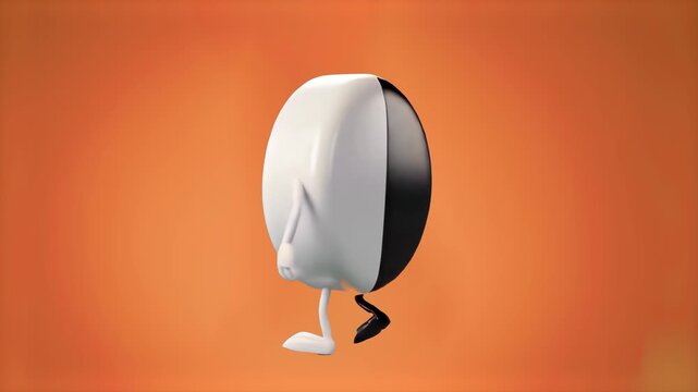 A 3D black and white Yin Yang symbol mascot character dancing isolated on a solid orange background. Ideal for philosophy explainer videos, harmony and balance concepts, martial arts, and spiritual mo