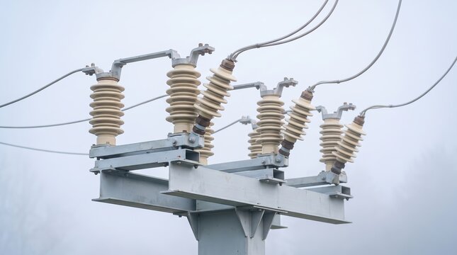 High Voltage Electrical Insulators and Switchgear on Utility Pole in Foggy Weather