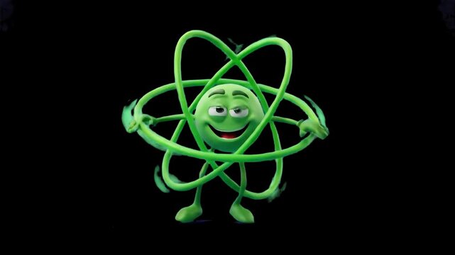 A cartoon 3D green atom character surrounded by orbiting electron rings dancing isolated on a black background. Suitable for chemistry explainer videos, physics lessons, science educational content, a