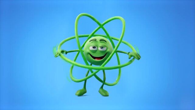 Animated 3D cartoon green atom character with rotating electrons and orbital rings smiling isolated on a blue background. Ideal for science education, physics promos, chemistry presentation videos, nu