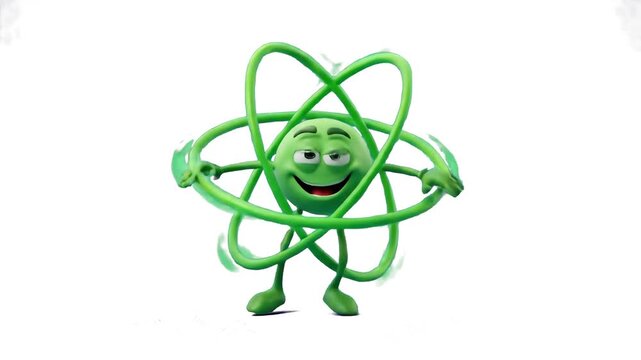 A cartoon 3D green atom character surrounded by orbiting electron rings dancing isolated against a solid white background. Suitable for chemistry explainer videos, physics lessons, science educational