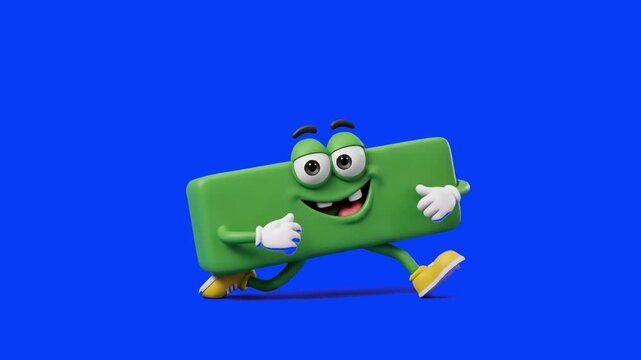 A happy 3D rendered green minus sign mascot running dynamically isolated against a solid blue chroma key background. Ideal for educational video overlays, children's math game UI, elementary school tu
