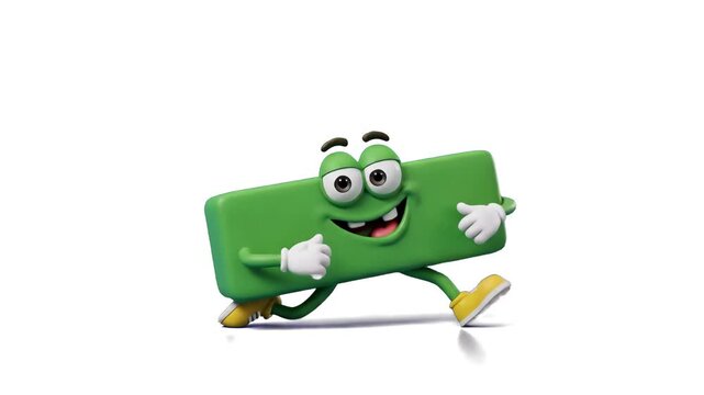 A cheerful 3D green minus symbol character with big eyes and yellow shoes running joyfully on a clean white background. Perfect for math educational content, school learning apps, accounting promos, a