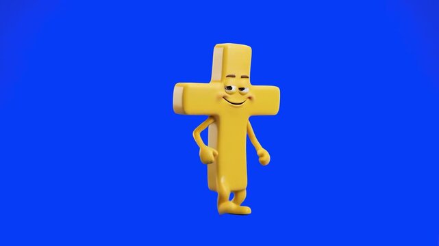 A friendly 3D yellow Christian cross mascot character with a smiling face dancing isolated against a solid blue background. Perfect for religious education, Sunday school animations, Christian media, 