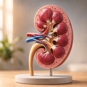 AI generated detailed kidney cross section anatomy model displaying renal cortex medulla vessels ureter for medical education healthcare training anatomy reference